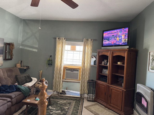 living area with cooling unit, a ceiling fan, light carpet, lofted ceiling, and heating unit