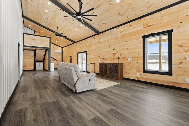 unfurnished living room with high vaulted ceiling, wooden ceiling, dark wood finished floors, and a wealth of natural light