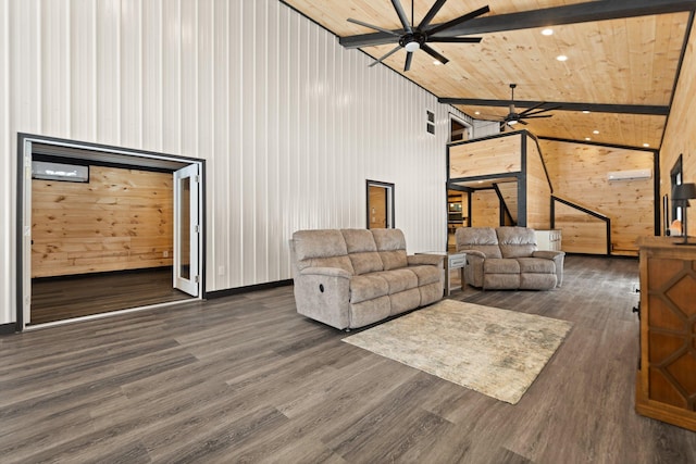 living room featuring a ceiling fan, wood ceiling, high vaulted ceiling, and dark wood-style floors