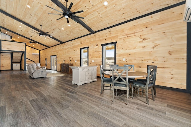 dining area with wood ceiling, ceiling fan, wood finished floors, beamed ceiling, and high vaulted ceiling