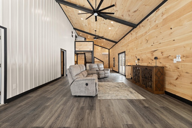 unfurnished living room featuring ceiling fan, high vaulted ceiling, dark wood-type flooring, wood ceiling, and beamed ceiling