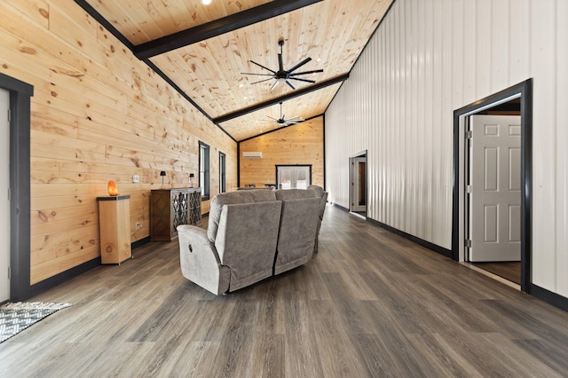 living room featuring a ceiling fan, dark wood-style flooring, wood ceiling, and wooden walls