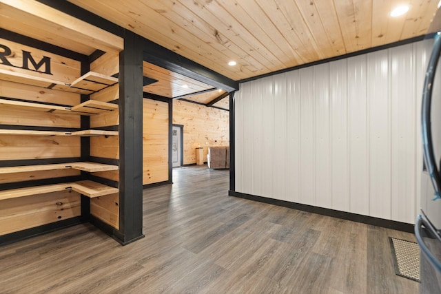 interior space featuring wooden ceiling, dark wood finished floors, and recessed lighting