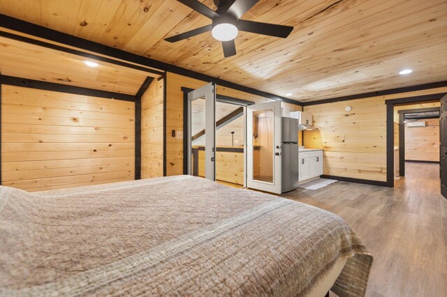 full bathroom featuring ensuite bathroom, a stall shower, wood ceiling, wood walls, and wood finished floors