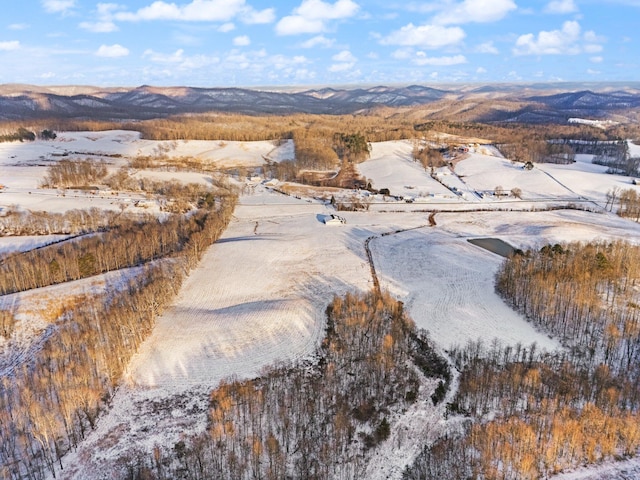 snowy aerial view featuring a mountain view