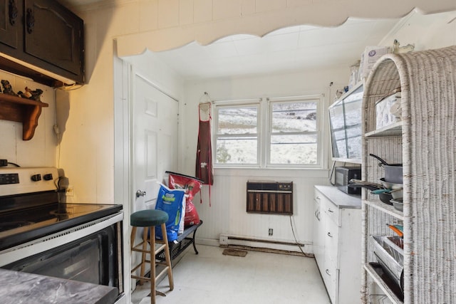 kitchen featuring stainless steel electric range oven, a wall mounted air conditioner, dark brown cabinets, wood walls, and a baseboard heating unit