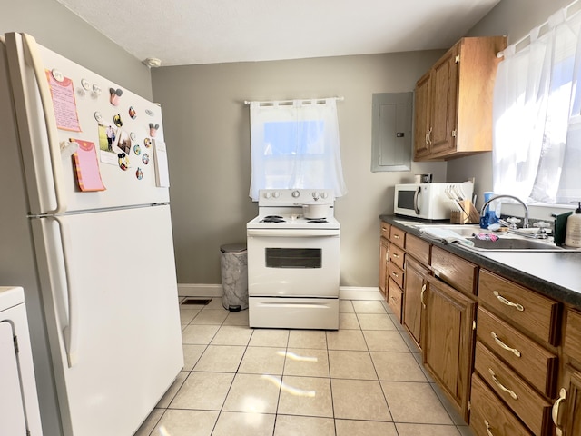 kitchen with dark countertops, light tile patterned flooring, a sink, white appliances, and electric panel