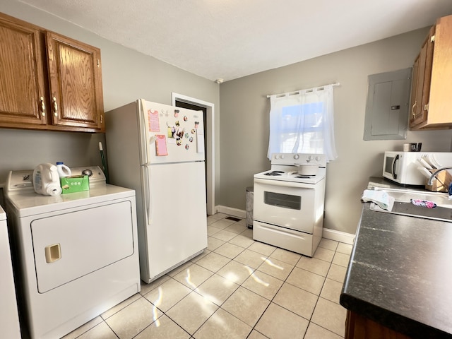 kitchen featuring brown cabinets, light tile patterned floors, white appliances, electric panel, and baseboards