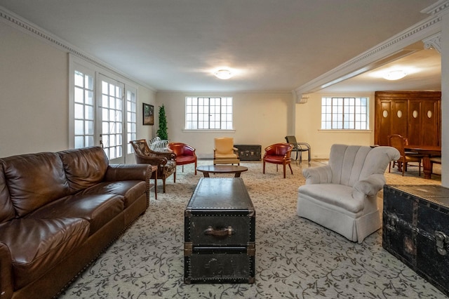 living room with ornamental molding