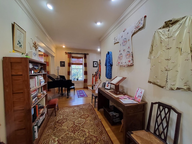 hallway featuring ornamental molding, recessed lighting, and wood finished floors