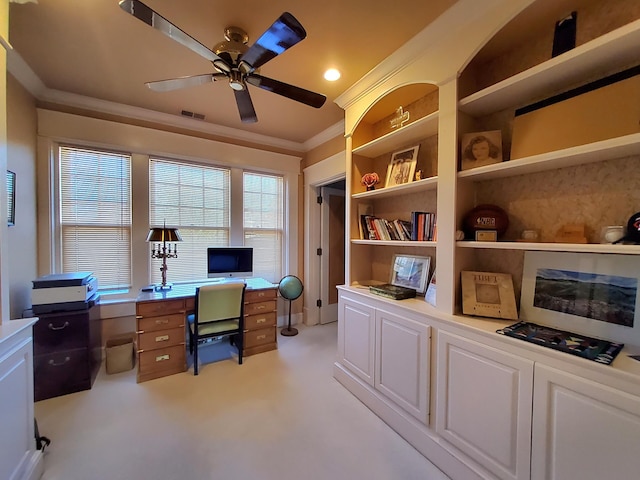 office area featuring recessed lighting, visible vents, ornamental molding, a ceiling fan, and light carpet