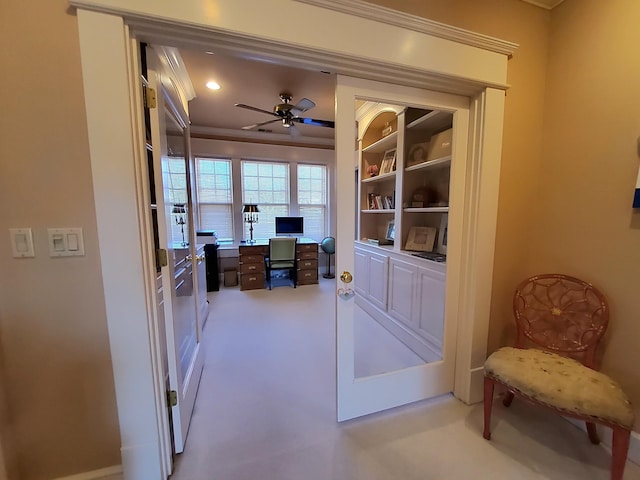 office space featuring ceiling fan and recessed lighting