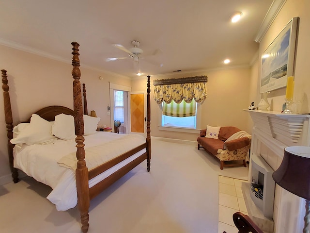 bedroom with light tile patterned floors, ceiling fan, recessed lighting, and crown molding