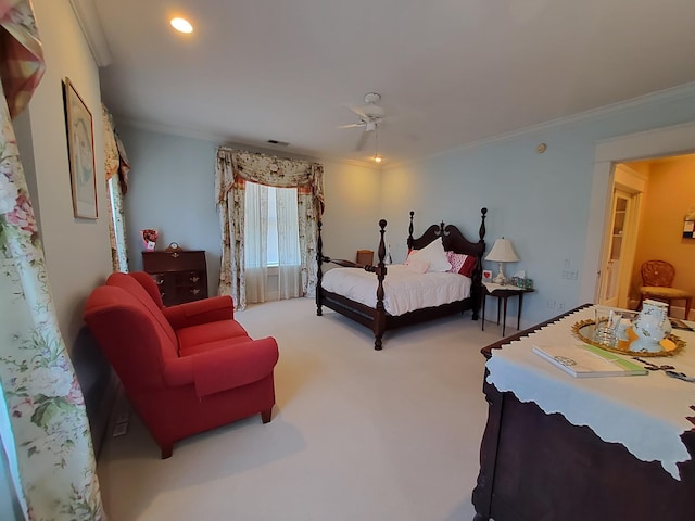 bedroom featuring recessed lighting, carpet flooring, visible vents, and crown molding