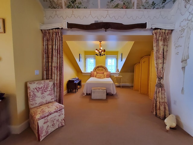 bedroom with a chandelier, carpet, and baseboards