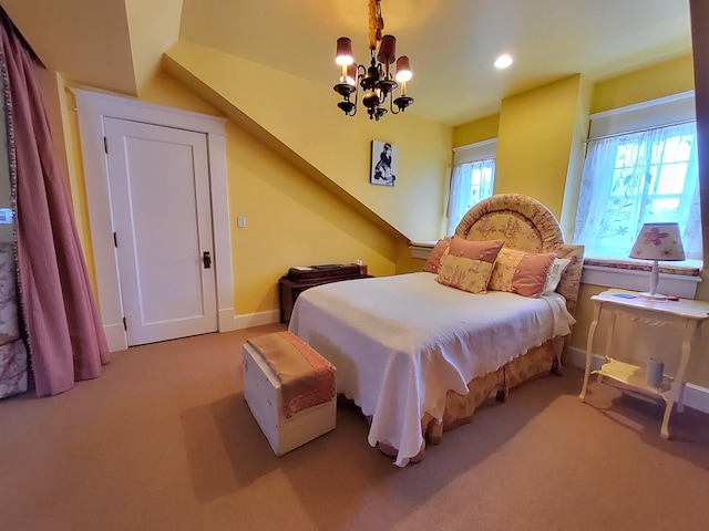 bedroom featuring an inviting chandelier, recessed lighting, baseboards, and light colored carpet