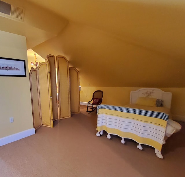 bedroom featuring light carpet, visible vents, baseboards, vaulted ceiling, and an inviting chandelier