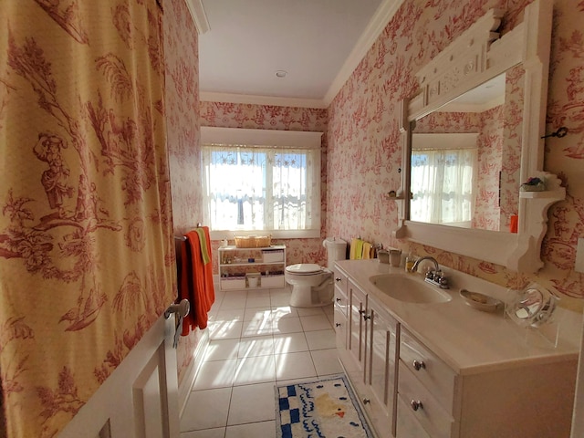 bathroom featuring tile patterned floors, plenty of natural light, and wallpapered walls