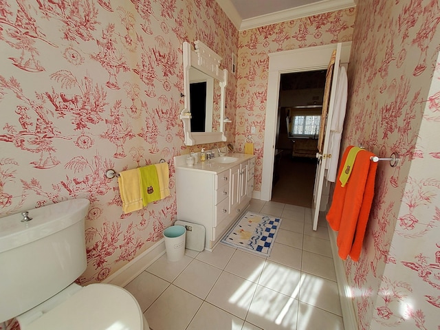 half bath featuring wallpapered walls, toilet, vanity, baseboards, and tile patterned floors