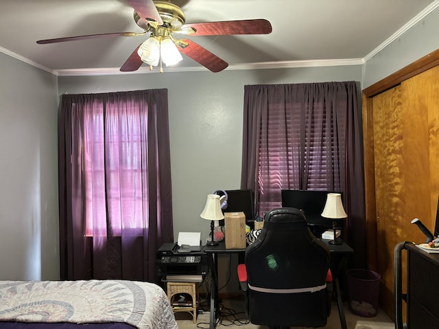 bedroom featuring ornamental molding and ceiling fan