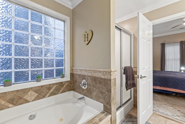 ensuite bathroom featuring ensuite bathroom, ornamental molding, a shower stall, tile patterned flooring, and a jetted tub