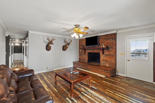 living room featuring a brick fireplace, wood-type flooring, visible vents, and ornamental molding