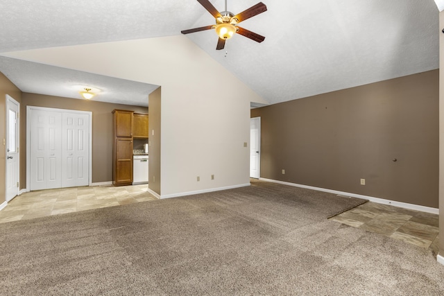 unfurnished living room with light carpet, a ceiling fan, and baseboards