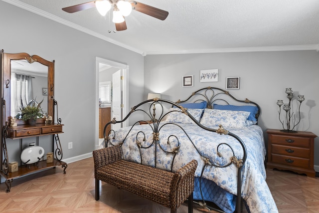 bedroom with a textured ceiling, ceiling fan, ornamental molding, and baseboards