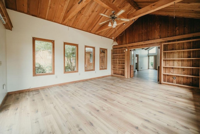 unfurnished room featuring baseboards, light wood-type flooring, wooden ceiling, and built in features