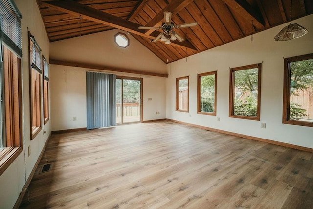 unfurnished sunroom featuring vaulted ceiling with beams, wood ceiling, visible vents, and a ceiling fan