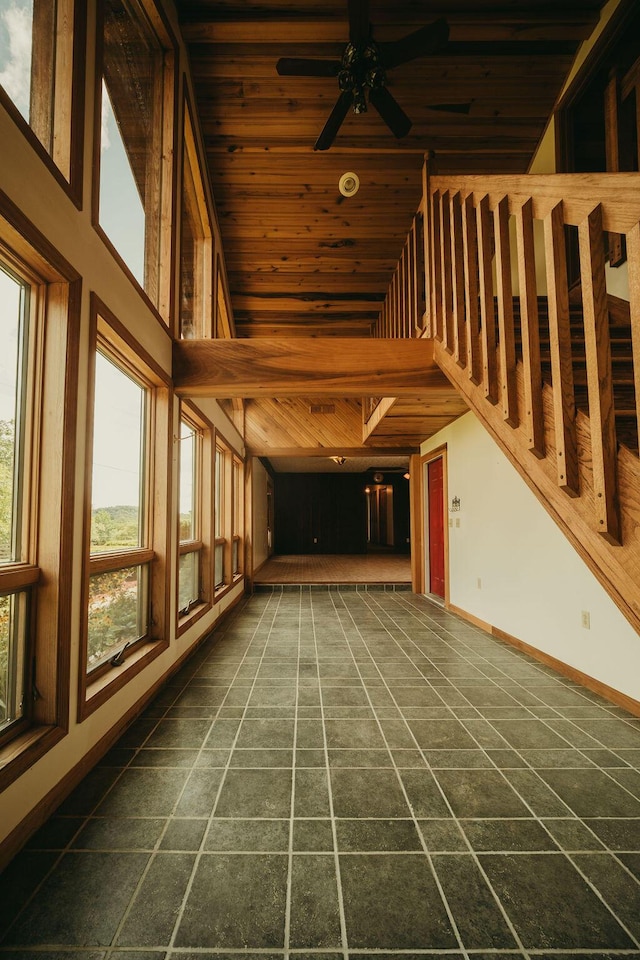 unfurnished living room featuring high vaulted ceiling, wood ceiling, baseboards, and a ceiling fan