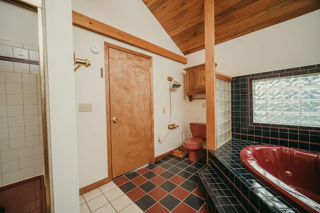 bathroom featuring baseboards, toilet, wooden ceiling, a tub with jets, and vaulted ceiling