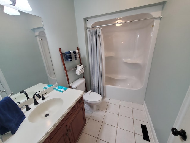 full bathroom with toilet, tile patterned flooring, shower / bathtub combination with curtain, and vanity