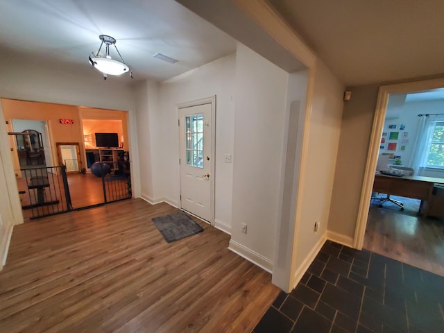 foyer featuring dark wood-style floors, visible vents, a wealth of natural light, and baseboards