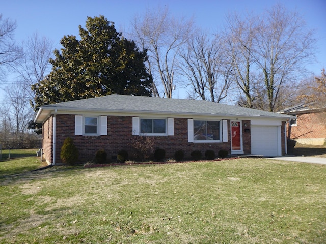 ranch-style house featuring a garage, a front lawn, concrete driveway, and brick siding