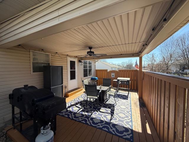 deck featuring a ceiling fan, outdoor dining area, and area for grilling