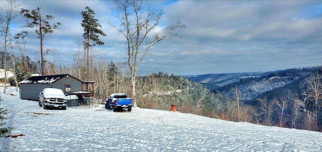 snowy yard featuring a mountain view and a wooded view