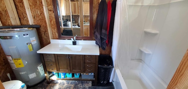 bathroom with washtub / shower combination, water heater, and vanity