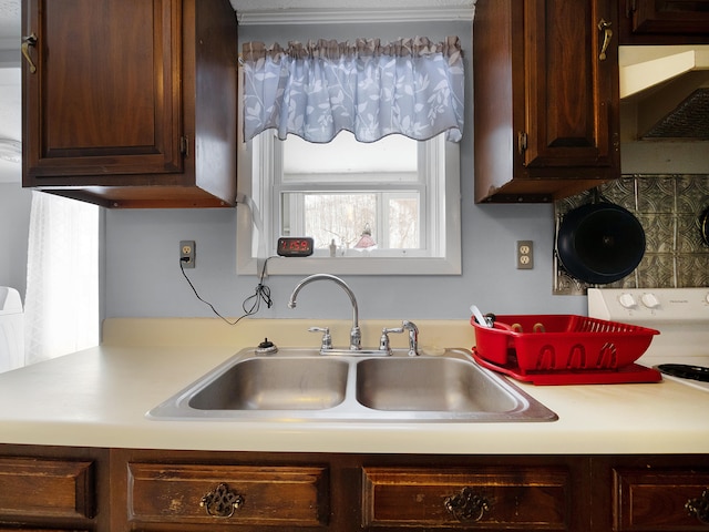 kitchen with light countertops, a sink, under cabinet range hood, and dark brown cabinetry