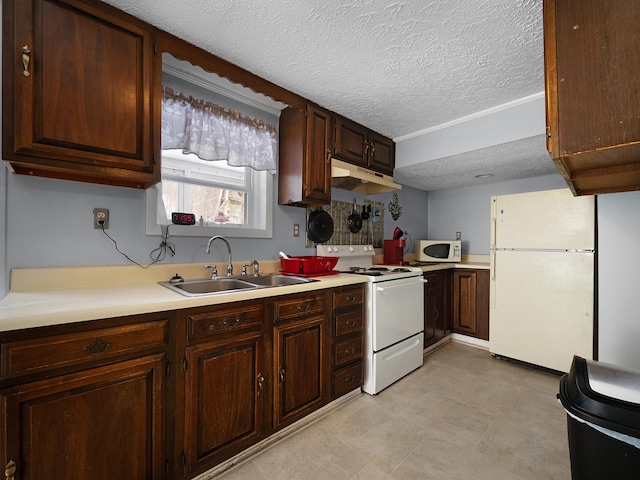 kitchen featuring white appliances, light countertops, a textured ceiling, under cabinet range hood, and a sink