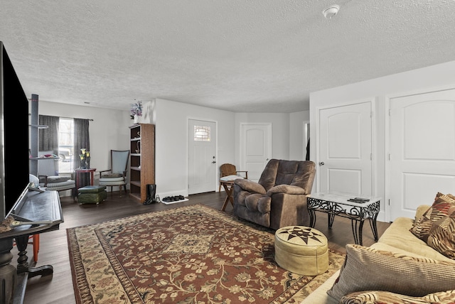 living room with a textured ceiling and wood finished floors