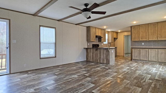 kitchen featuring plenty of natural light, dark wood finished floors, beam ceiling, and open floor plan