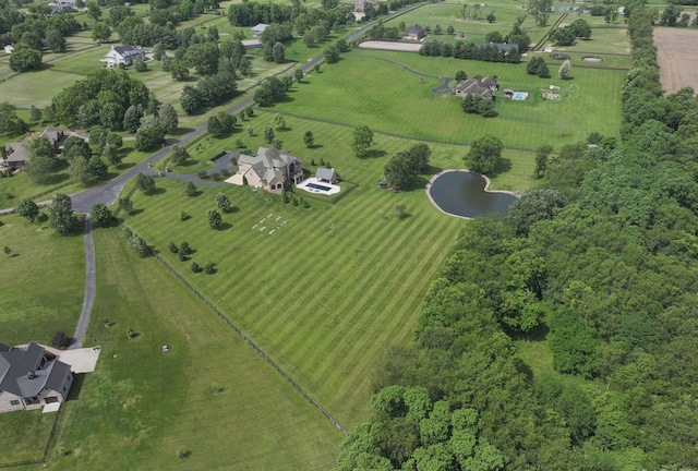 birds eye view of property featuring a water view and a rural view