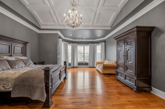 bedroom featuring a chandelier, coffered ceiling, light wood-style flooring, and baseboards