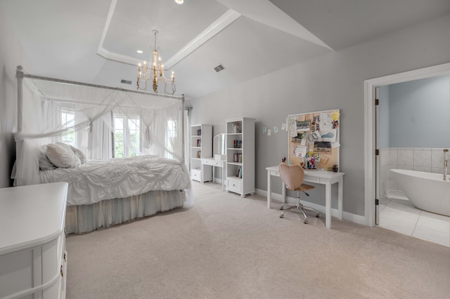 bedroom with a raised ceiling, visible vents, an inviting chandelier, light carpet, and connected bathroom