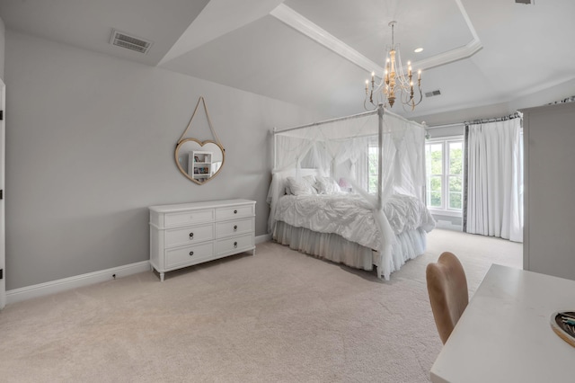 bedroom featuring light colored carpet, a raised ceiling, visible vents, and baseboards