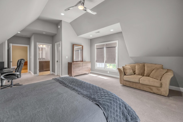 bedroom featuring ceiling fan, recessed lighting, light carpet, baseboards, and vaulted ceiling