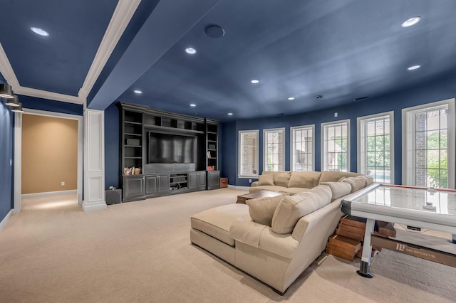 home theater featuring recessed lighting, baseboards, and light colored carpet