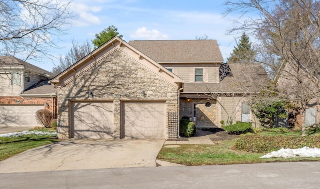 view of front of house featuring stone siding, roof with shingles, an attached garage, and concrete driveway