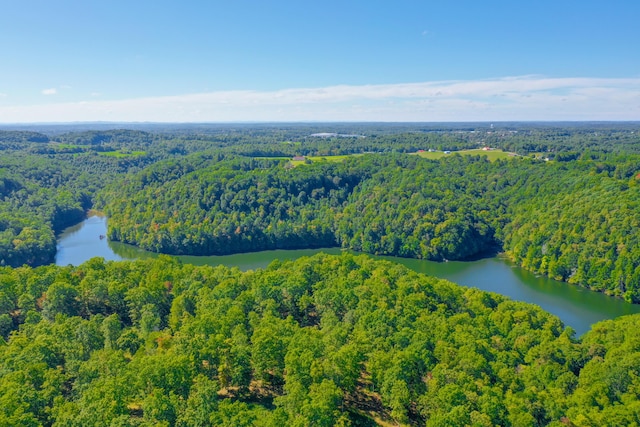 drone / aerial view with a forest view and a water view